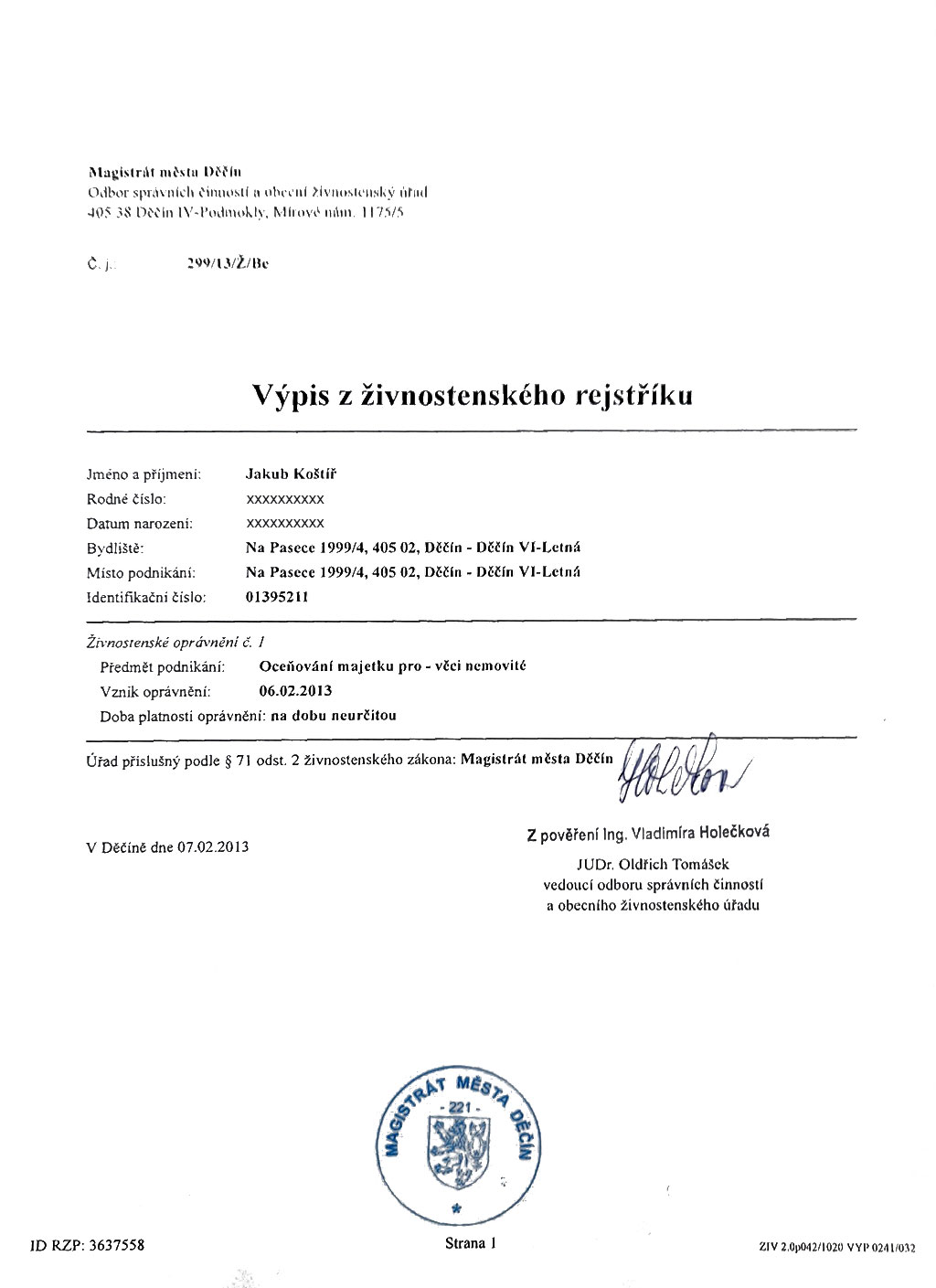 ŽIVNOSTENSKÝ LIST - JAKUB KOŠTÍŘ